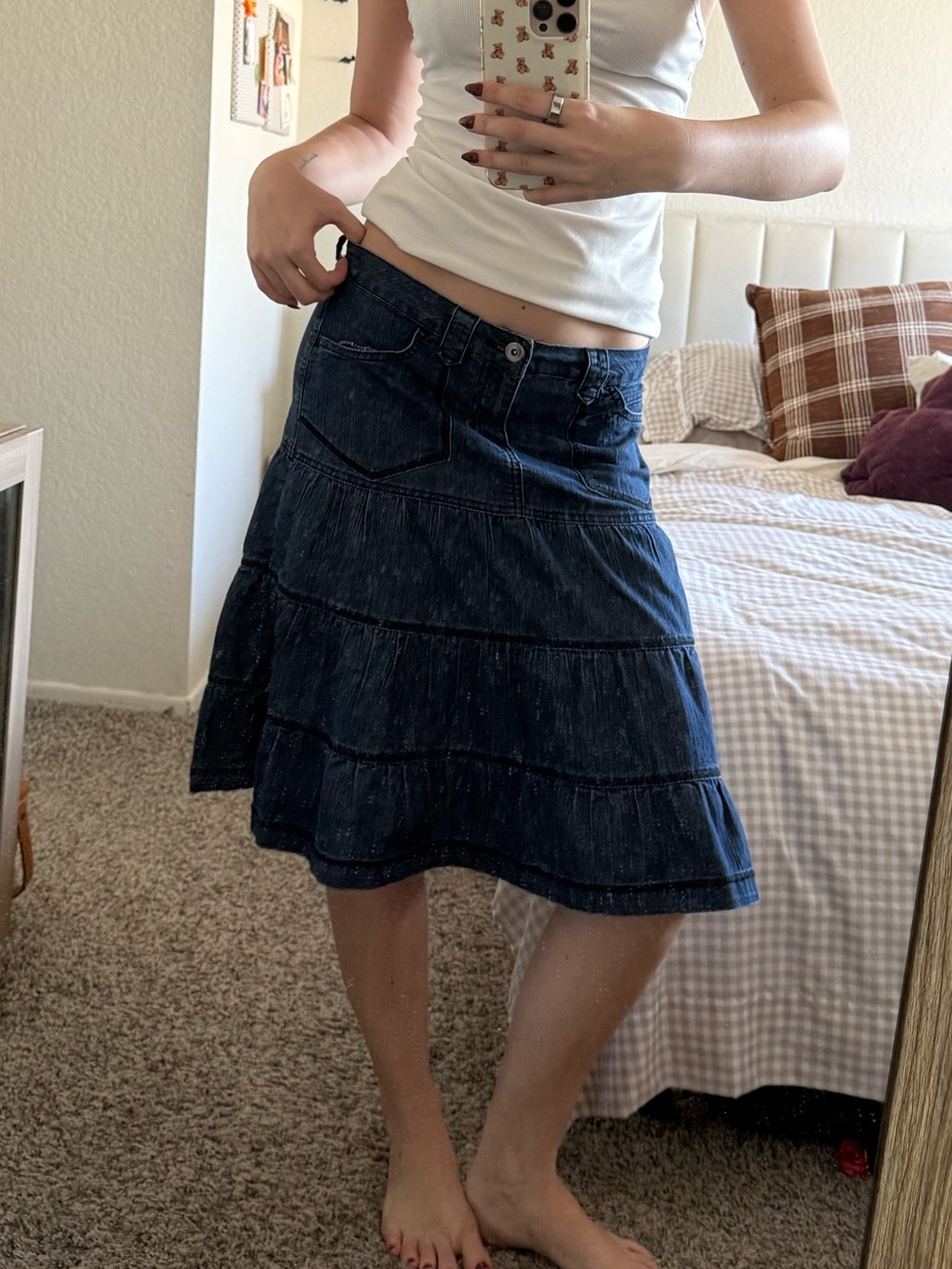 Dark Blue Tiered Denim Midi Skirt